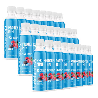 Πολλαπλά μπουκάλια του Celebrate Protein Mini Berry σε λευκό φόντο