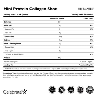 Διατροφική ετικέτα για ένα Mini Protein Collagen Shot με γεύση blue raspberry, συμπεριλαμβανομένου του μεγέθους μερίδας, των θερμίδων και των συστατικών.