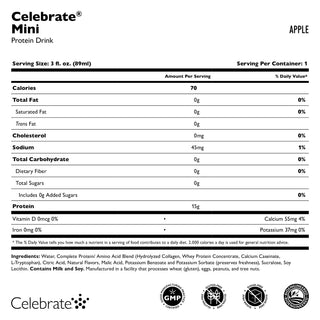Διατροφική ετικέτα για το Celebrate Mini Protein Drink με γεύση μήλου σε λευκό φόντο