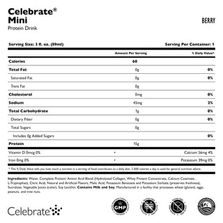 Διατροφική ετικέτα για το Celebrate Mini Protein Drink με γεύση Berry σε λευκό φόντο